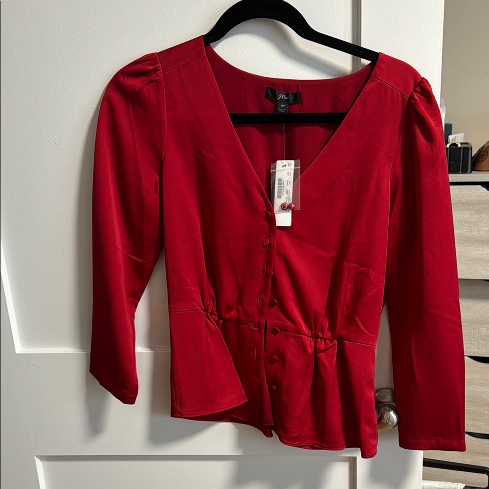 Red Silk Button-Up Peplum Jcrew Women's Top